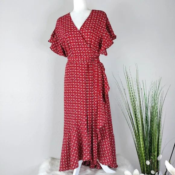 Max Studio | Dresses | Max Studio Floral Red Wrap Maxi Dress Vneck Ruffle  Sleeve L | Poshmark